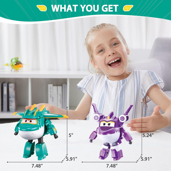 Super Wings Dinosaurier 2PCS Tino & Sally, 12,7 cm Flugzeug-Spielzeug, 2 in 1 Actionfigur für Vorsch