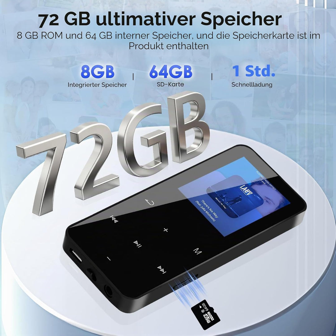 72GB MP3 Player mit Bluetooth, 1,8 Zoll HD Touchscreen, Musikplayer mit HiFi Lautsprechern, FM Radio