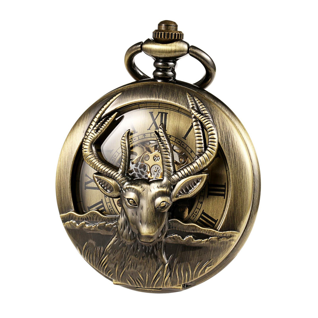 TREEWETO Unisex Taschenuhr Mechanisch Handaufzug Doppelter Abdeckung Rentier Hirsch Bronze Hohles Ge