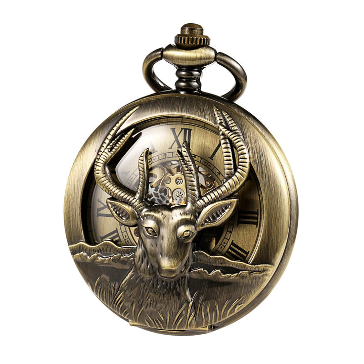 TREEWETO Unisex Taschenuhr Mechanisch Handaufzug Doppelter Abdeckung Rentier Hirsch Bronze Hohles Ge