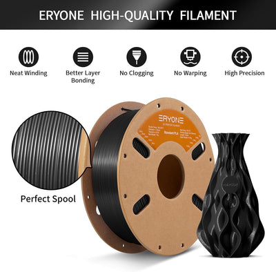 ERYONE PLA Filament 1.75 mm, 3D-Drucker Filament PLA, 0,03 mm, 1 kg/Spule, Schwarz A-Regular-Schwarz