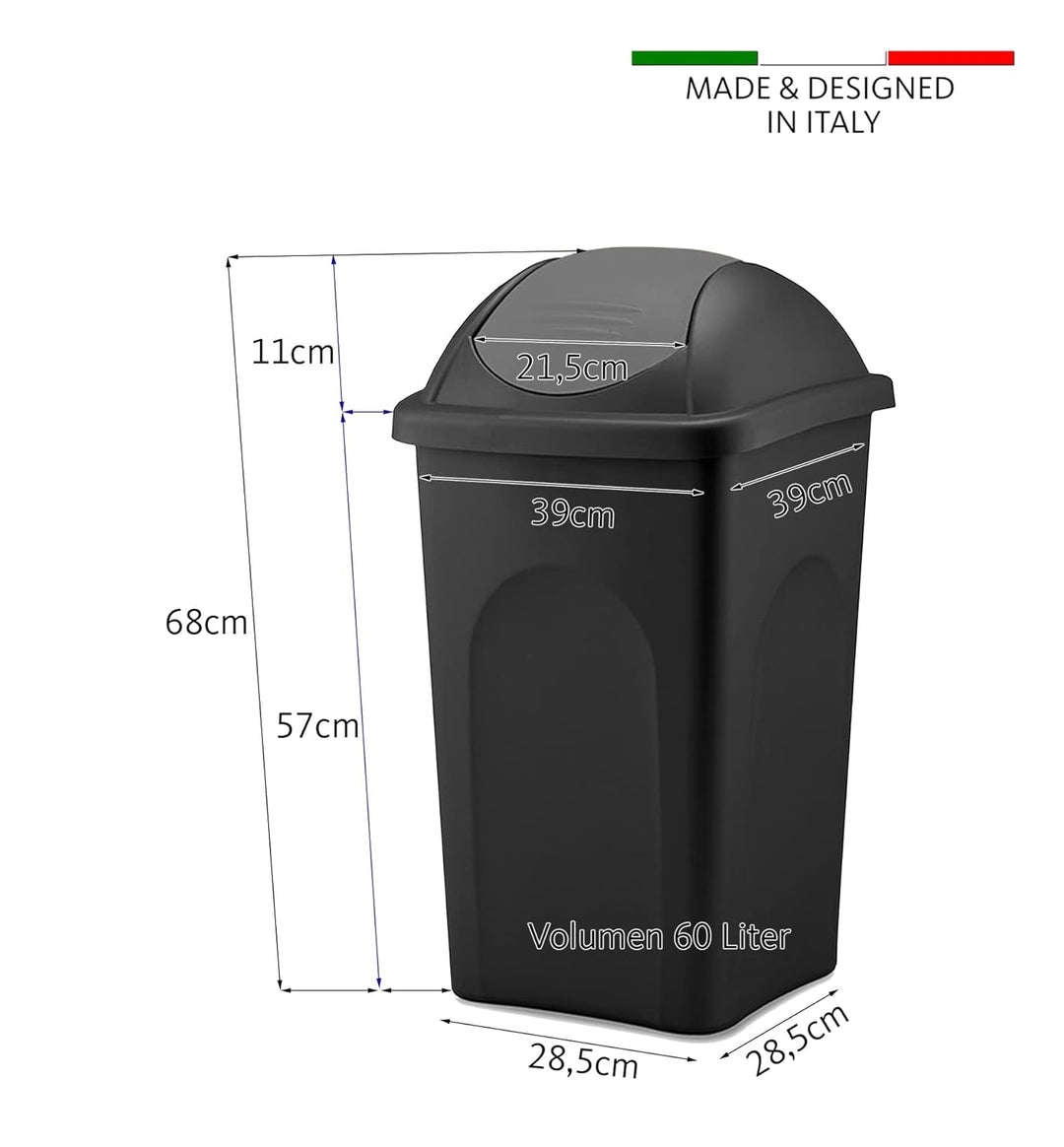 BigDean 3x Mülleimer gross 60L - schwarz - mit Schwingdeckel rot, grün & blau - aus Kunststoff - Mül