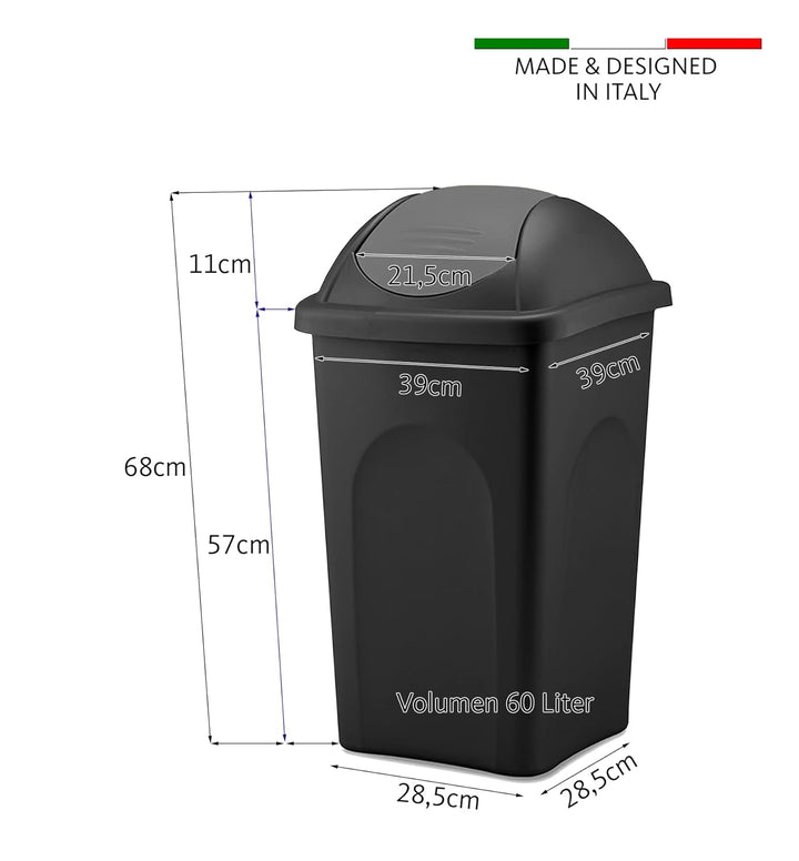 BigDean 3x Mülleimer gross 60L - schwarz - mit Schwingdeckel rot, grün & blau - aus Kunststoff - Mül