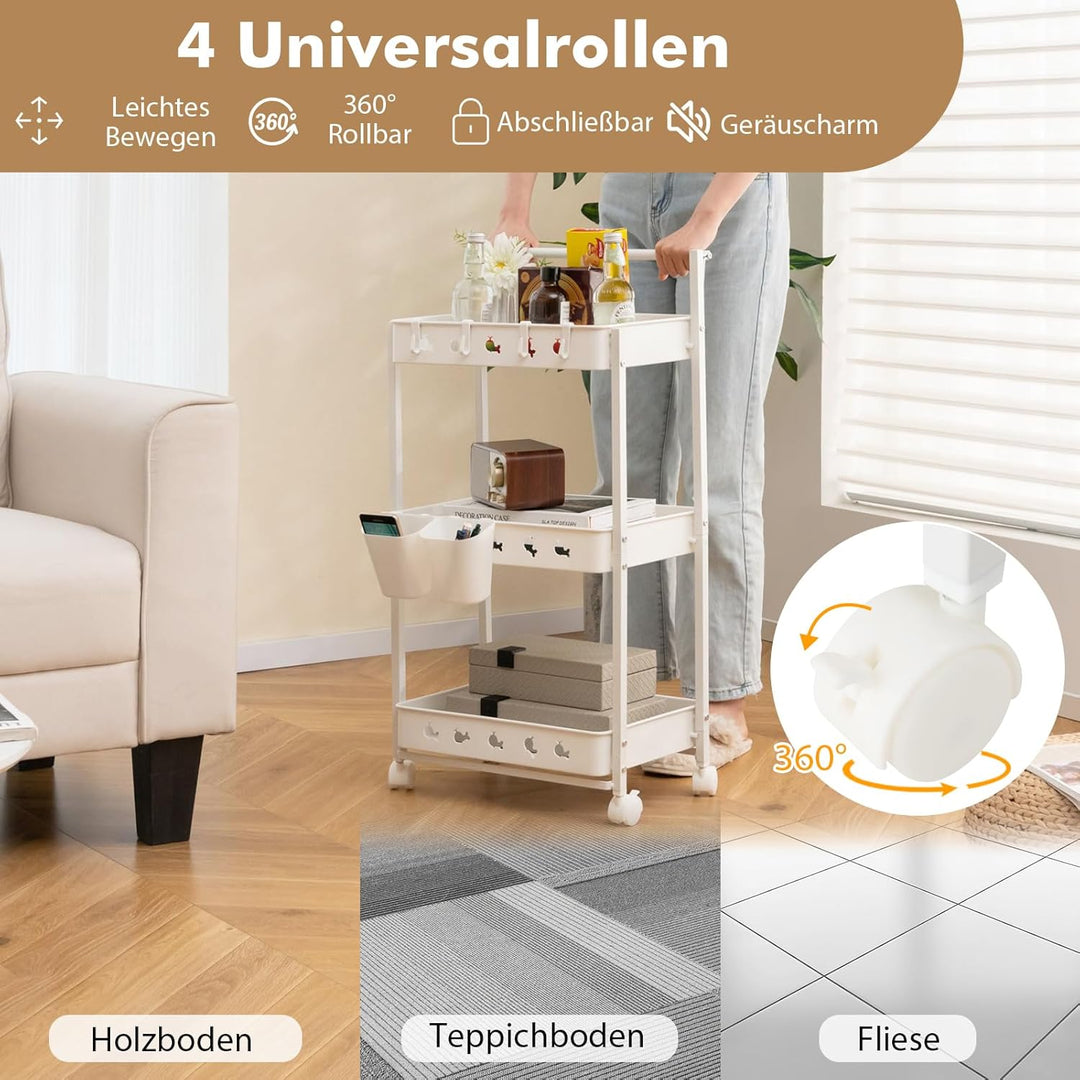 GOPLUS 3-Ebenen Rollwagen, Servierwagen mit Universalrädern, Griff, 2 Aufbewahrungsboxen, 4 Haken, O