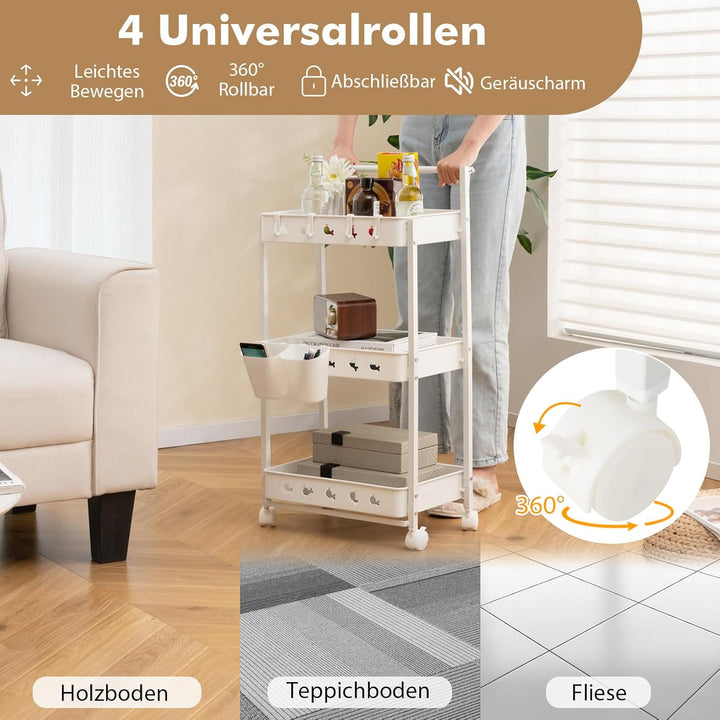 GOPLUS 3-Ebenen Rollwagen, Servierwagen mit Universalrädern, Griff, 2 Aufbewahrungsboxen, 4 Haken, O