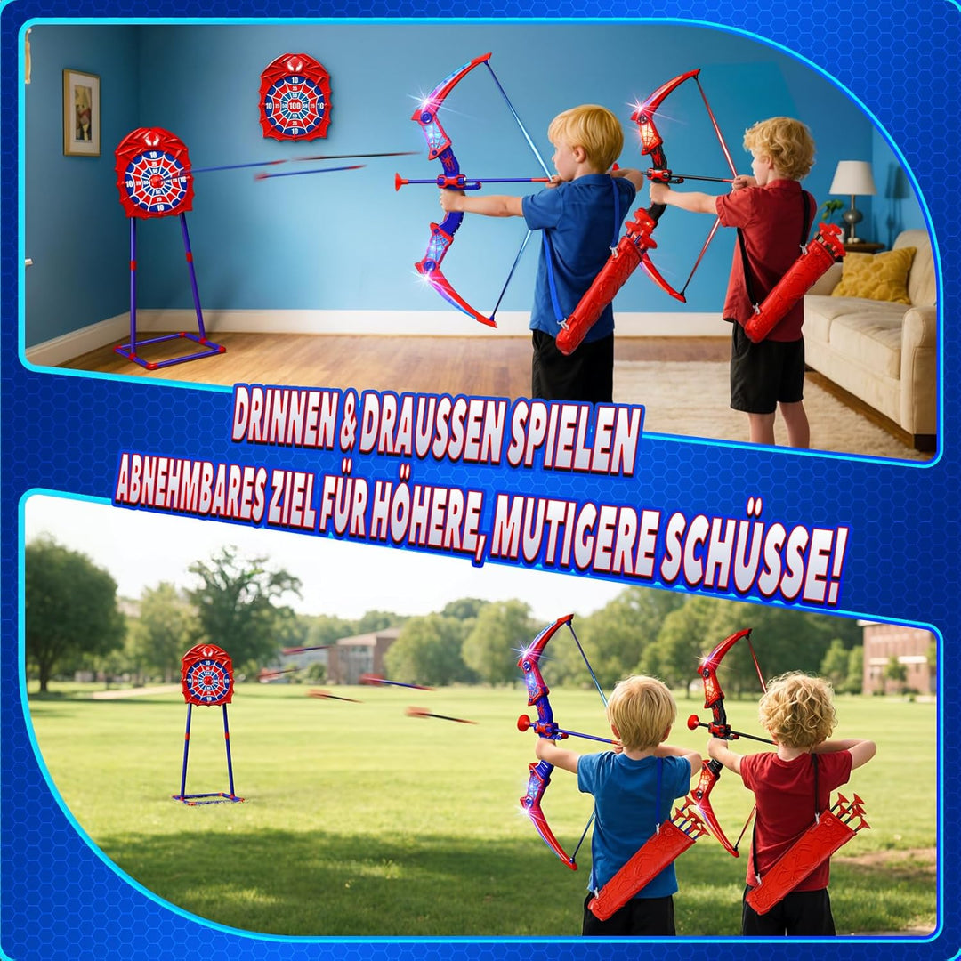 Spielzeug ab 3-12 Jahre Junge, 2 Stück Spider PfeilBogen mit Rot & Blau LED Lichtern, Spider Zielsch