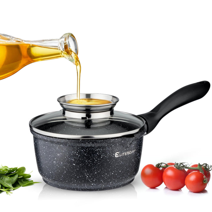 EliteHoff Kochtopf mit Deckel 16cm 1.3L, Induktion Kochtopf Klein, Stieltopf mit langem Griff, Stiel