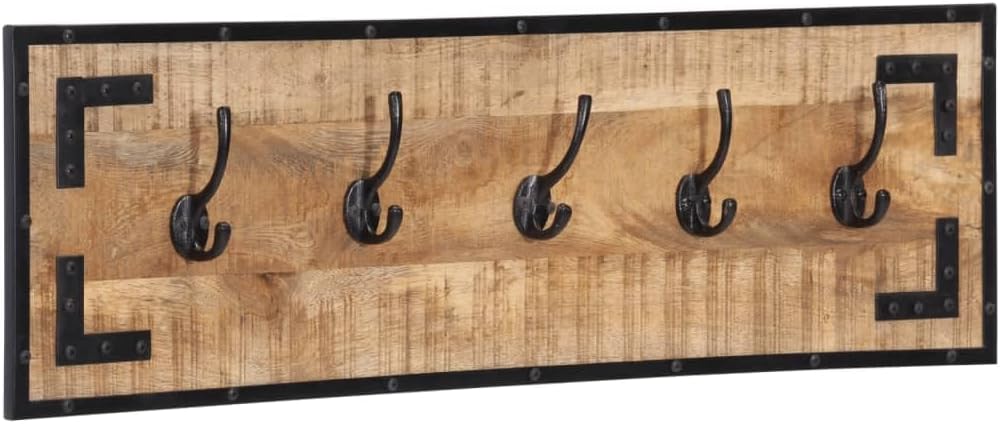 Hothingwell Garderobenständer, Massivholz, 2-teilig, 5 Haken | 80 x 8 x 25 cm, ungeschliffenes Mango