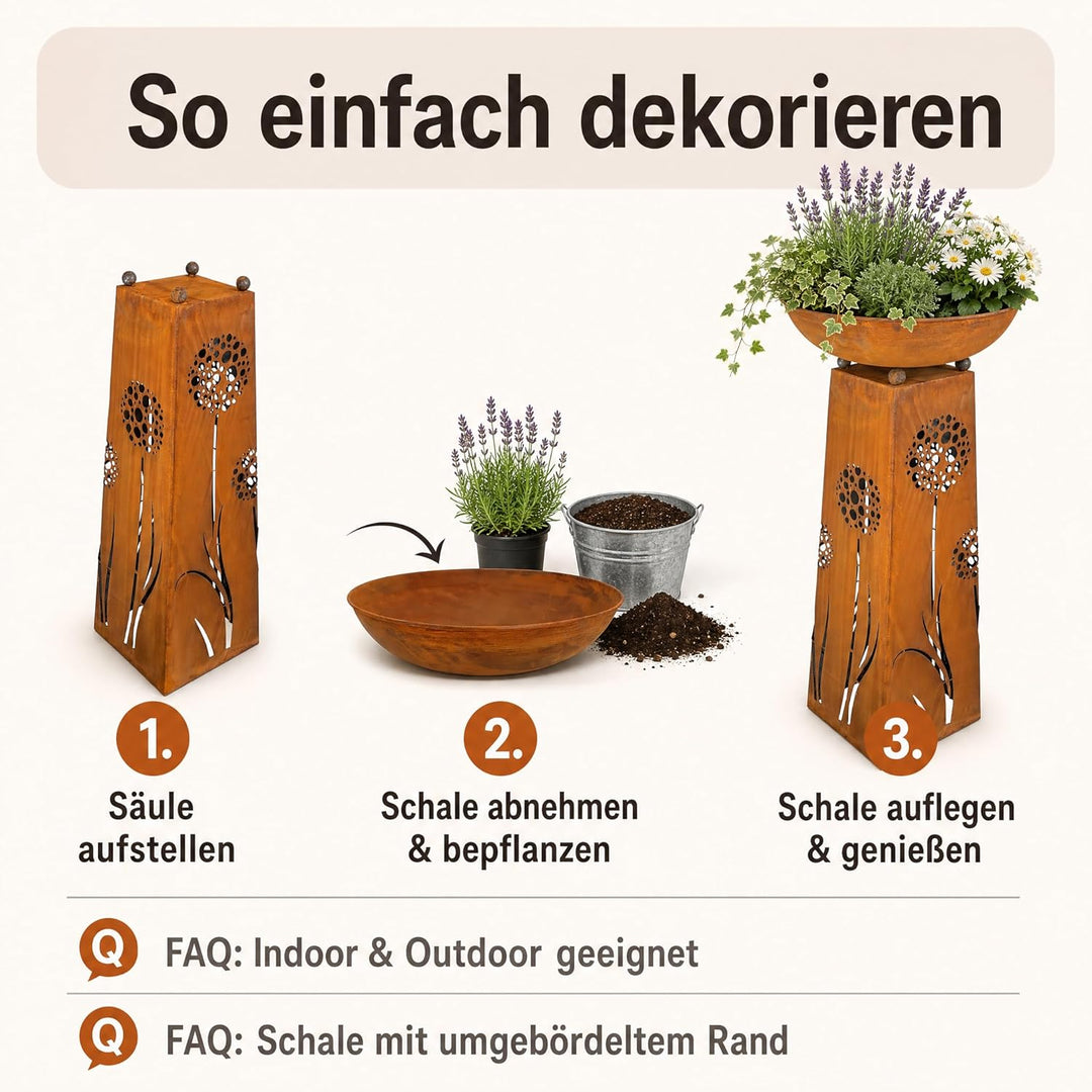 Rostikal Pflanzsäule Pusteblume 118 cm - inkl. abnehmbarer runder Dekorative Pflanzschale - Hochwert
