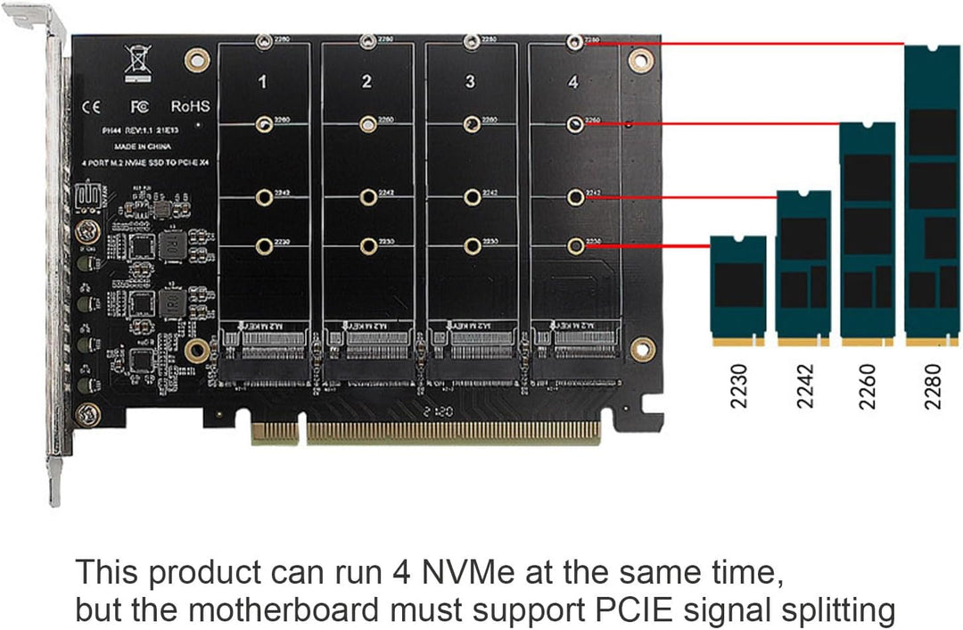 Topiky Quad M.2 NVMe auf PCIe 3.0/4.0 X16 Adapter, 4 Laufwerke NVMe M.2 SSD auf PCIe X16 Adapterkart