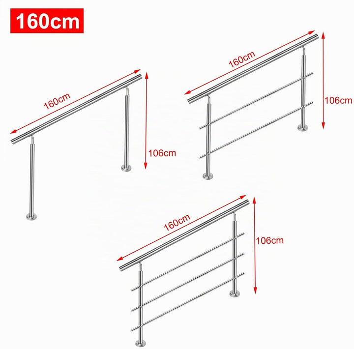 Aufun Edelstahl Handlauf 160cm Treppengeländer Innen und Aussen mit 2 Pfosten für Treppen, Brüstung,