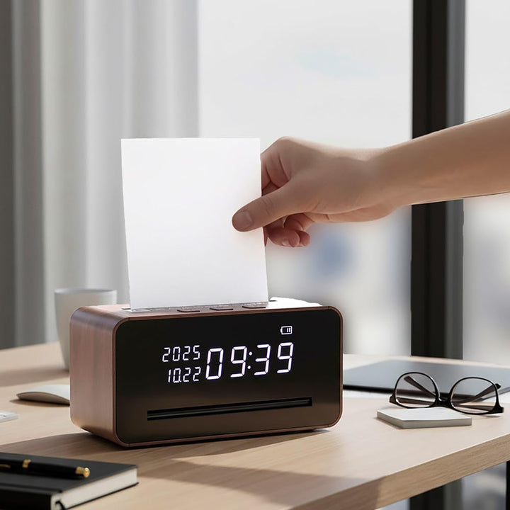 Tisch-Aktenvernichter mit Uhr – Kompakter Mini-Shredder P2, USB-Akku, Digitaluhr mit Datum, Streifen