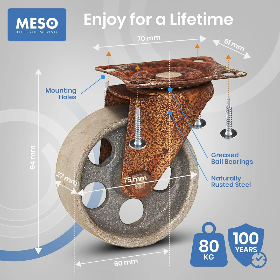 Vintage Rollen für Möbel – Räder für Möbel - Lenkrollen 75mm – 4er-Set - Alles Stahl Möbelrollen – R