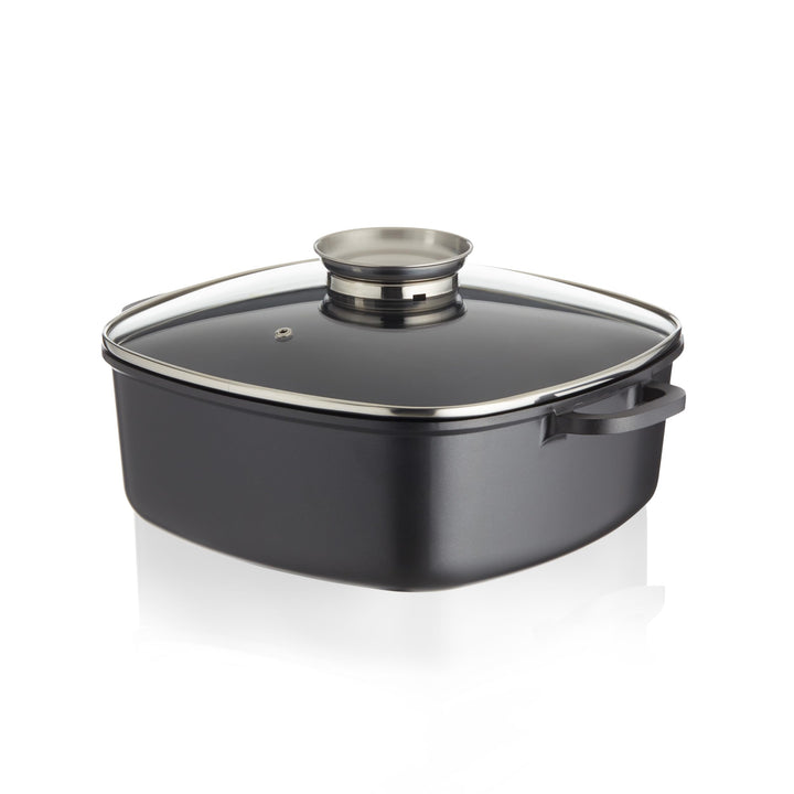 KHG Aluminium Bräter mit Glasdeckel & Aromaknopf 28x28 cm Quadratisch 7,5 L - ILAG Xeradur®5 Antihaf