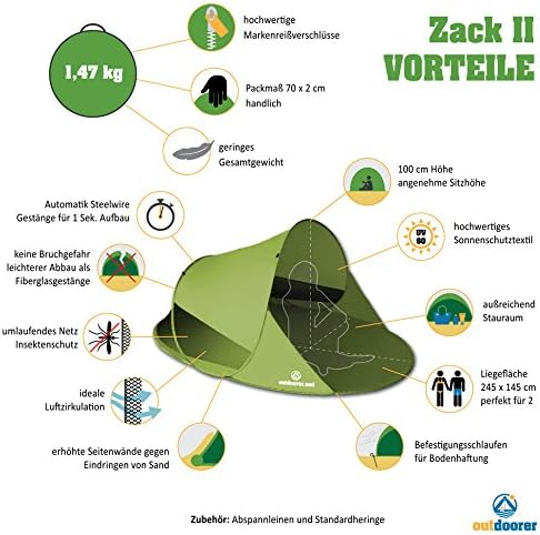 outdoorer Wurf-Strandmuschel Zack II grün - als Pop up Strandmuschel selbstaufbauend, UV 60 Sonnensc