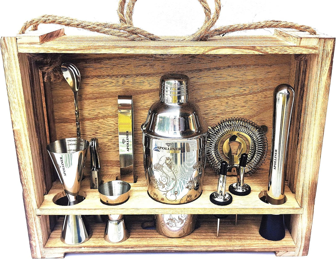 apolliner, Cocktailshaker, Professional Cocktail Shaker Set, Stainless Steel, 16 Pieces, Wooden Carr