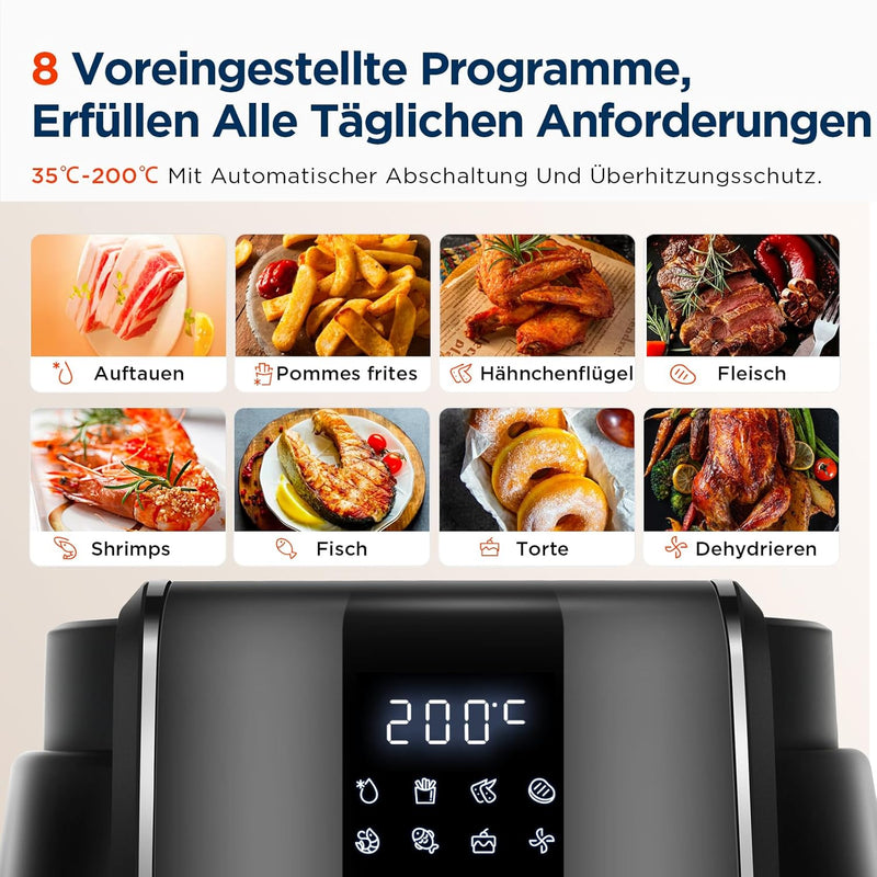 Midea MF-CN40C2 Heissluftfritteuse 4L, Ölfreie Airfryer 1500W, 8 Vorprogrammierte Kochmodi, 35-200℃,