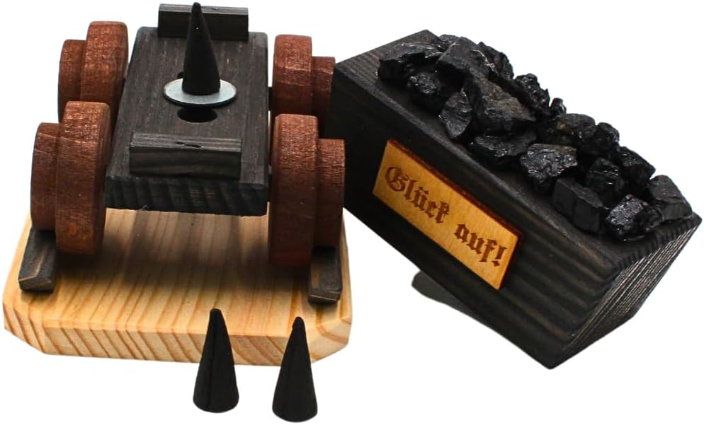 Dekohelden24 Räuchermann, Räucherfigur als Bergbau Lore, L/B/H 18 x 11 x 14 cm, Schwarz, 14 cm, 14 c