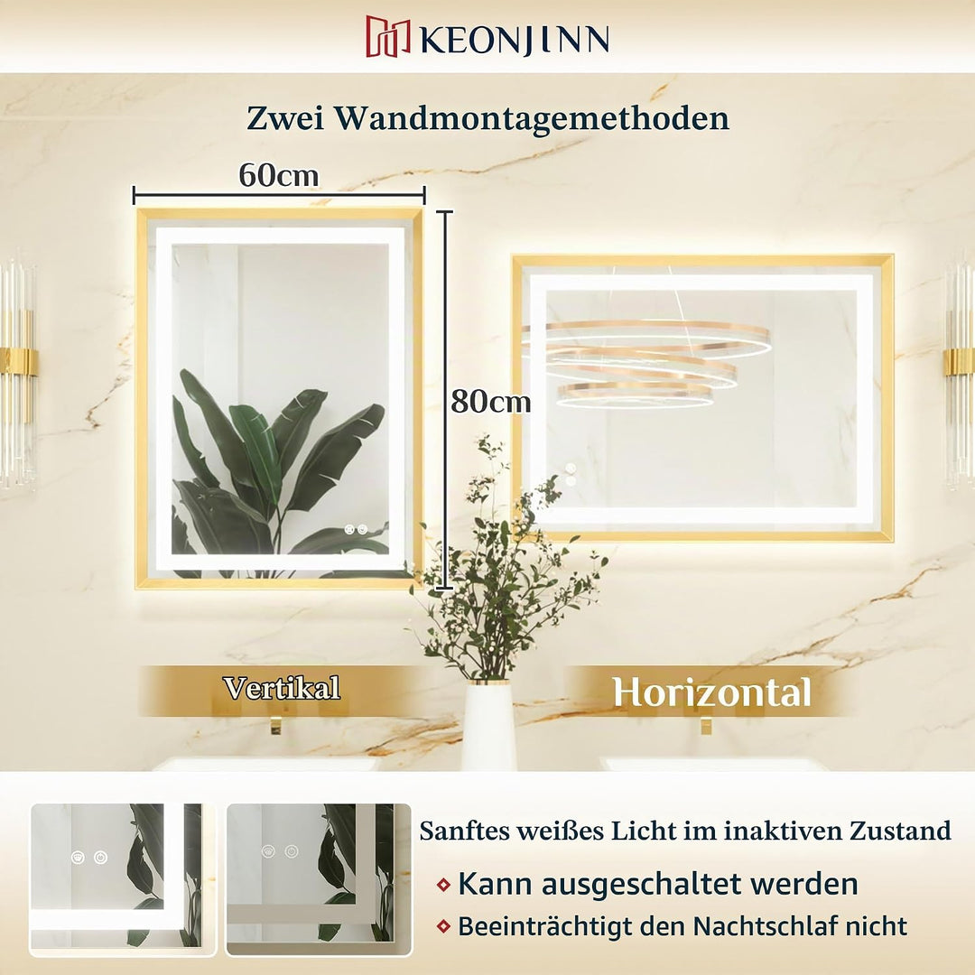 Keonjinn Badspiegel mit Beleuchtung Gold Metallrahmen 60x80cm, Badezimmerspiegel Beleuchtet Beschlag
