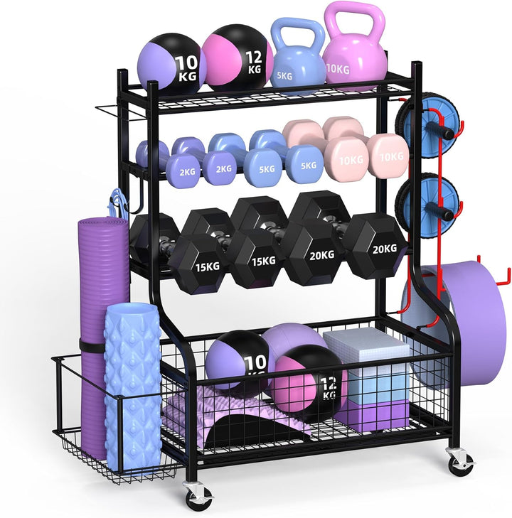 Hantelständer - ZACHVO Yoga Matte Hantelablage - Dumbbells Regal für Home Gym mit 4 Rädern und 8 Hak