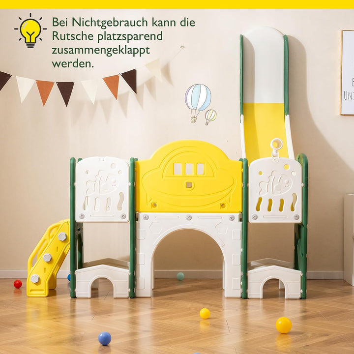 COSTWAY Kinder Rutsche faltbar, 10 in 1 Kinderrutsche mit Basketballkorb, Wurfspiel, Tafel, Tunnel,
