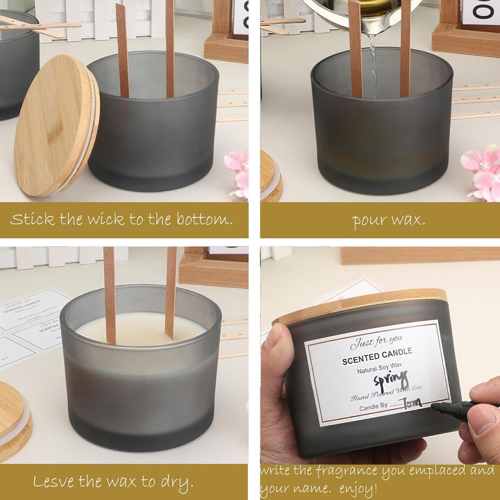 MILIVIXAY 6 x 473 ml Kerzengläser mit Bambusdeckel und Kerzenherstellungs-Kits – 3 Docht-Kerzengläse