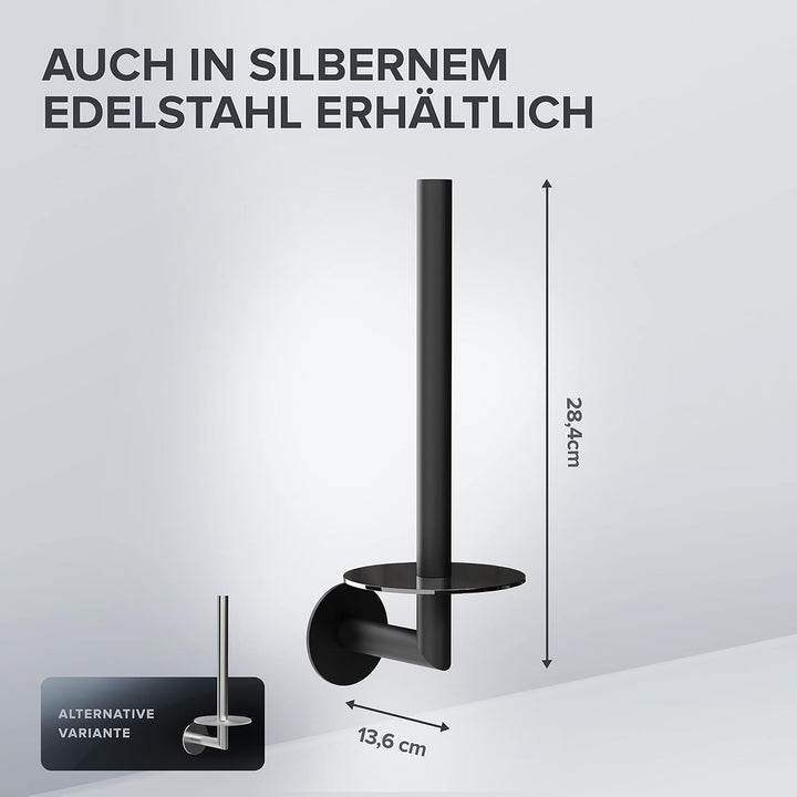 Ersatzrollenhalter Runde zum Kleben in Edelstahl schwarz matt und mit schwarzem Glas | Bad Klorollen