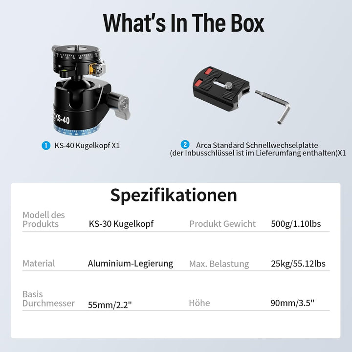SIRUI KS-40 Low Profile Kugelkopf, 40mm Aluminium 360° Doppel-Panoramakugelkopf für Kamera, Camcorde