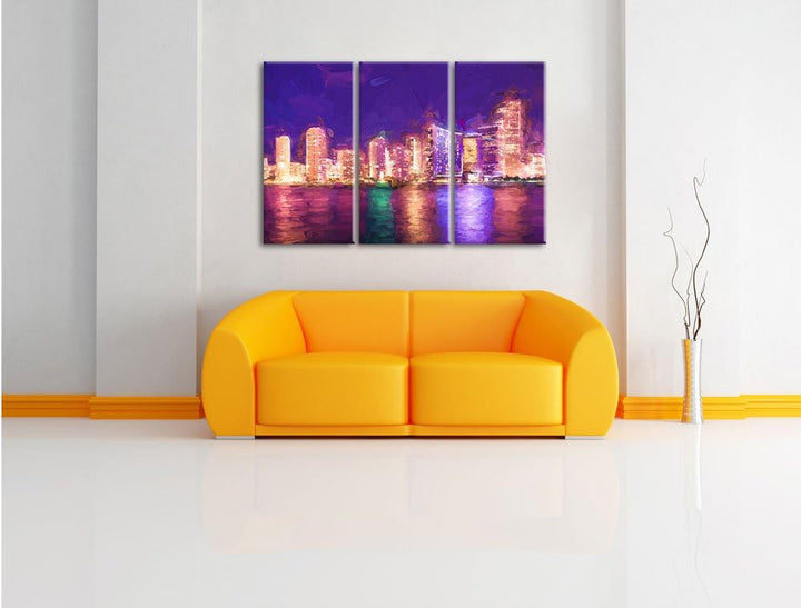 Pixxprint Schöne Nacht-Szene Skyline von Miami Florida Kunst Pinsel Effekt 3-Teiler Leinwandbild 120