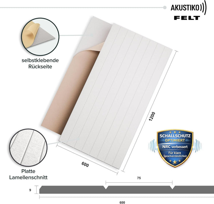 AKUSTIKO Akustikpaneele Selbstklebend 120x60cm - 16 Stück Weiss Akustik Wandpaneele Schallschutz & R