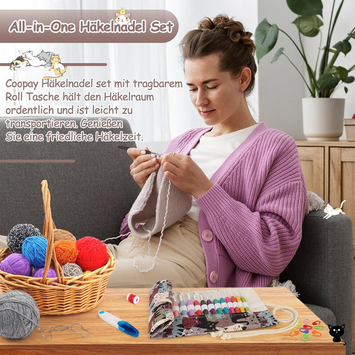 Coopay Häkelnadel Set mit Rolle Tasche, 14 Stück Häkelnadeln für Arthritische Hände, 2,0-10 mm Länge