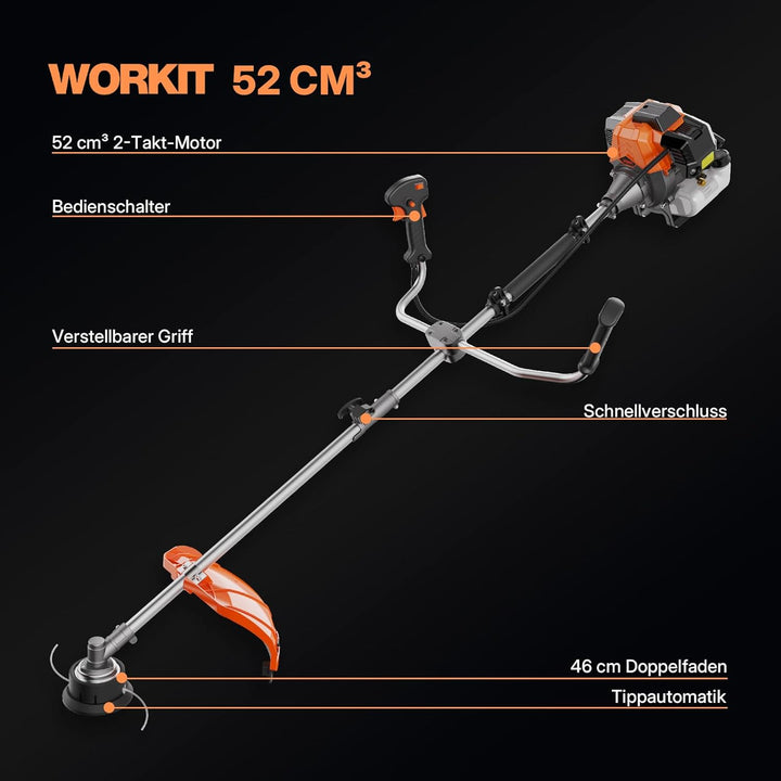 WORKIT 52 cm³ Motorsense Benzin 2 PS, 3-in-1 Freischneider Benzin & Rasentrimmer Benzin Set, inkl. U