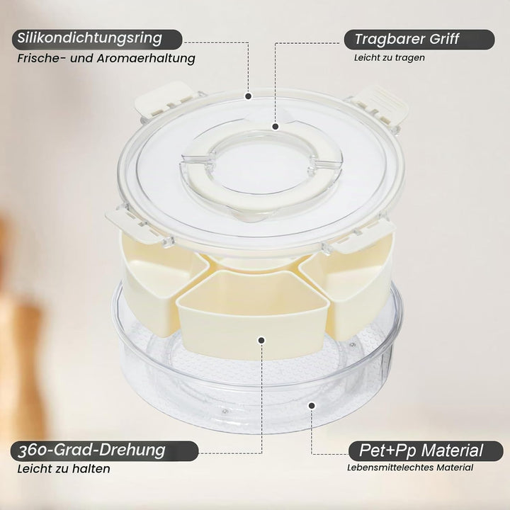 Cozary Rundes Snackbox Snackteller 27cm mit 6 Fächern und 360° Drehteller mit Deckel, PET+PP, ideal