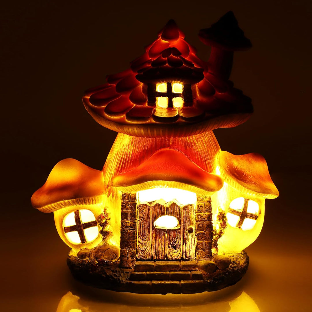 com-four® Pilzhaus aus Kunststoff - Häuschen mit LED Beleuchtung und Timer - Leuchthaus für Herbst u
