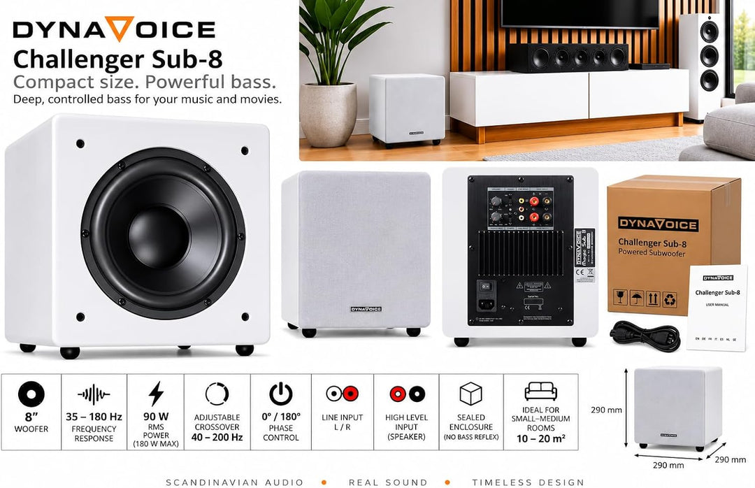 DYNAVOICE - Aktiver Subwoofer 8".Ref: Challenger Sub-8, Weiss