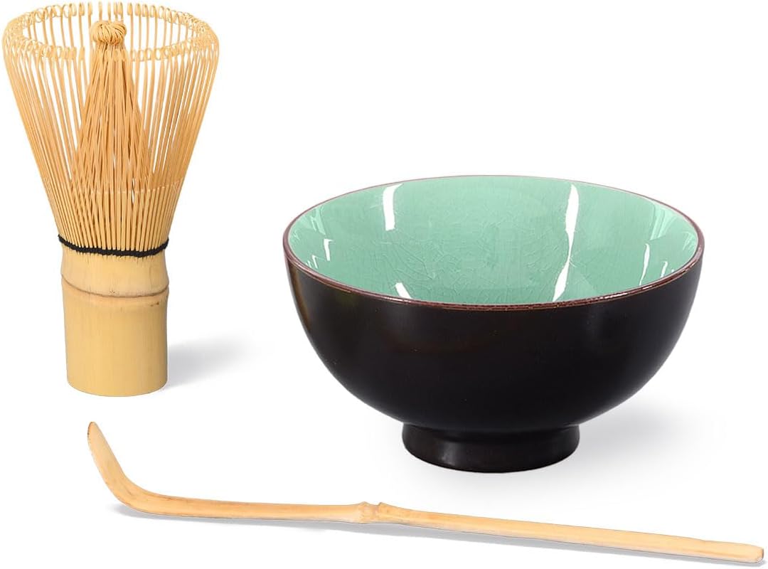 Matcha-Set 4-teilig, moosgrün, bestehend aus 2 Matcha-Schalen, Matcha-Löffel und Matcha-Besen (Bambu