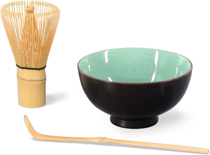 Matcha-Set 4-teilig, moosgrün, bestehend aus 2 Matcha-Schalen, Matcha-Löffel und Matcha-Besen (Bambu
