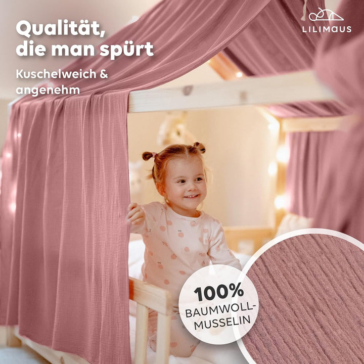 lilimaus Hausbett Himmel [Rosa] - Betthimmel Hausbett aus 100% Baumwolle Musselin Handmade - Stoffhi