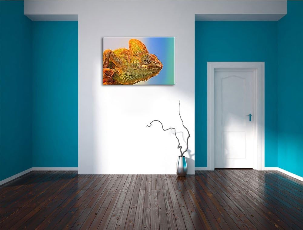 gelbes Chamäleon Deluxe Format: 100x70 cm auf Leinwand, XXL riesige Bilder fertig gerahmt mit Keilra