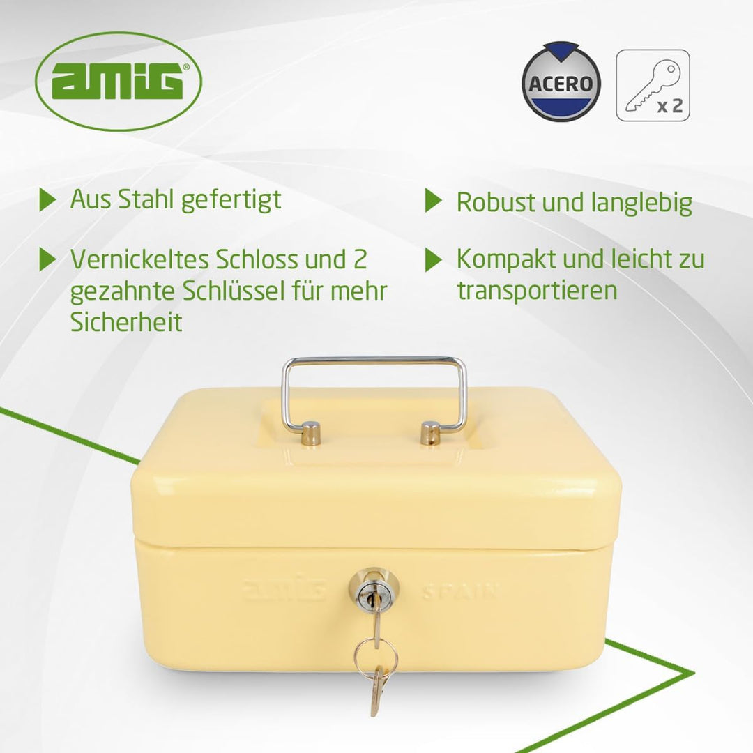 Amig - Sicher | Geldkassette | Safe für Geld, Scheine und Münzen | Mit Münzfach und 2 Schlüsseln | S