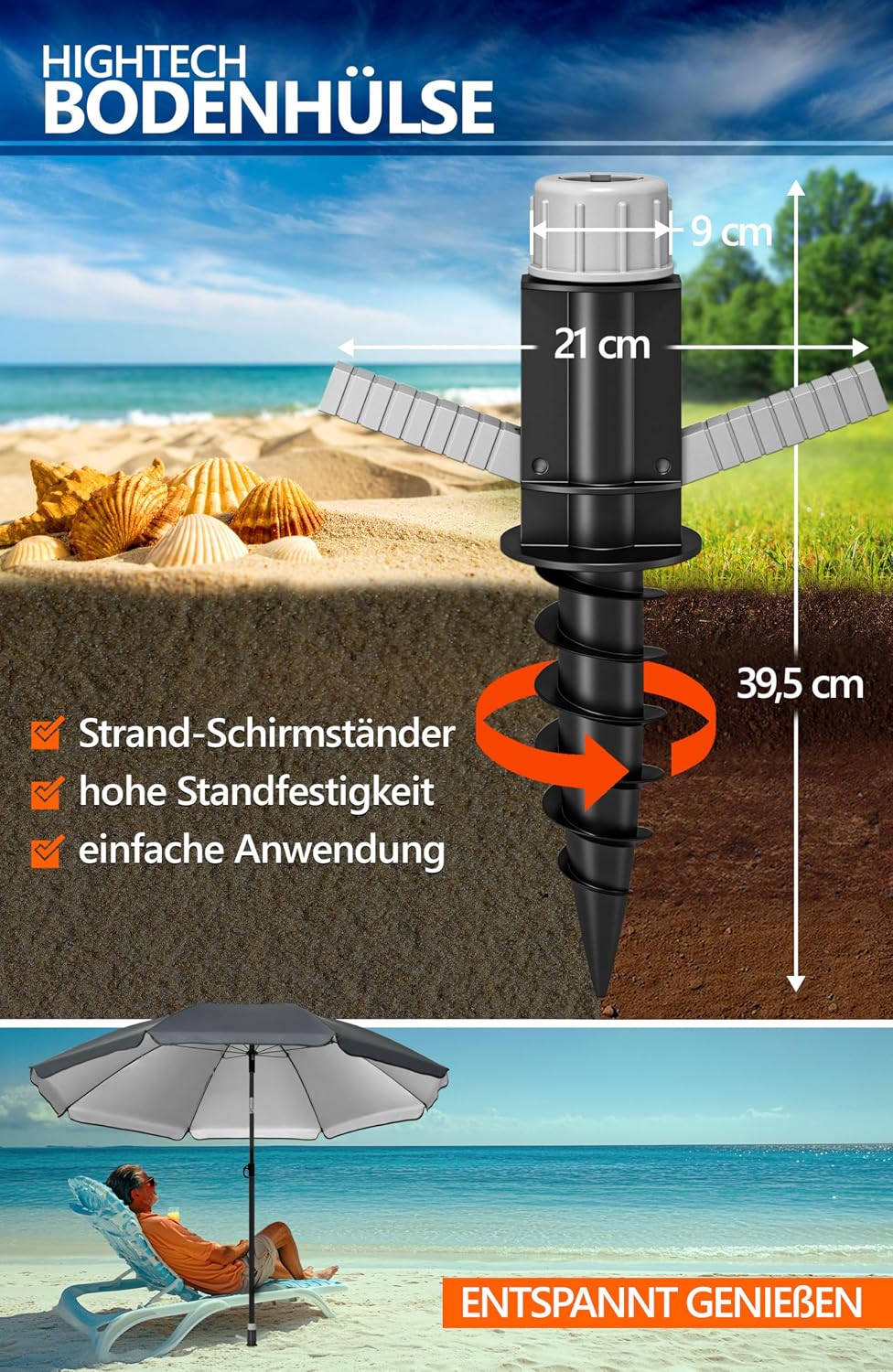 4smile Sonnenschirm Strand Ø 200 cm mit Bodenhülse, 3-IN-1-SET, Anthrazit | UPF 50+ Strandschirm + S