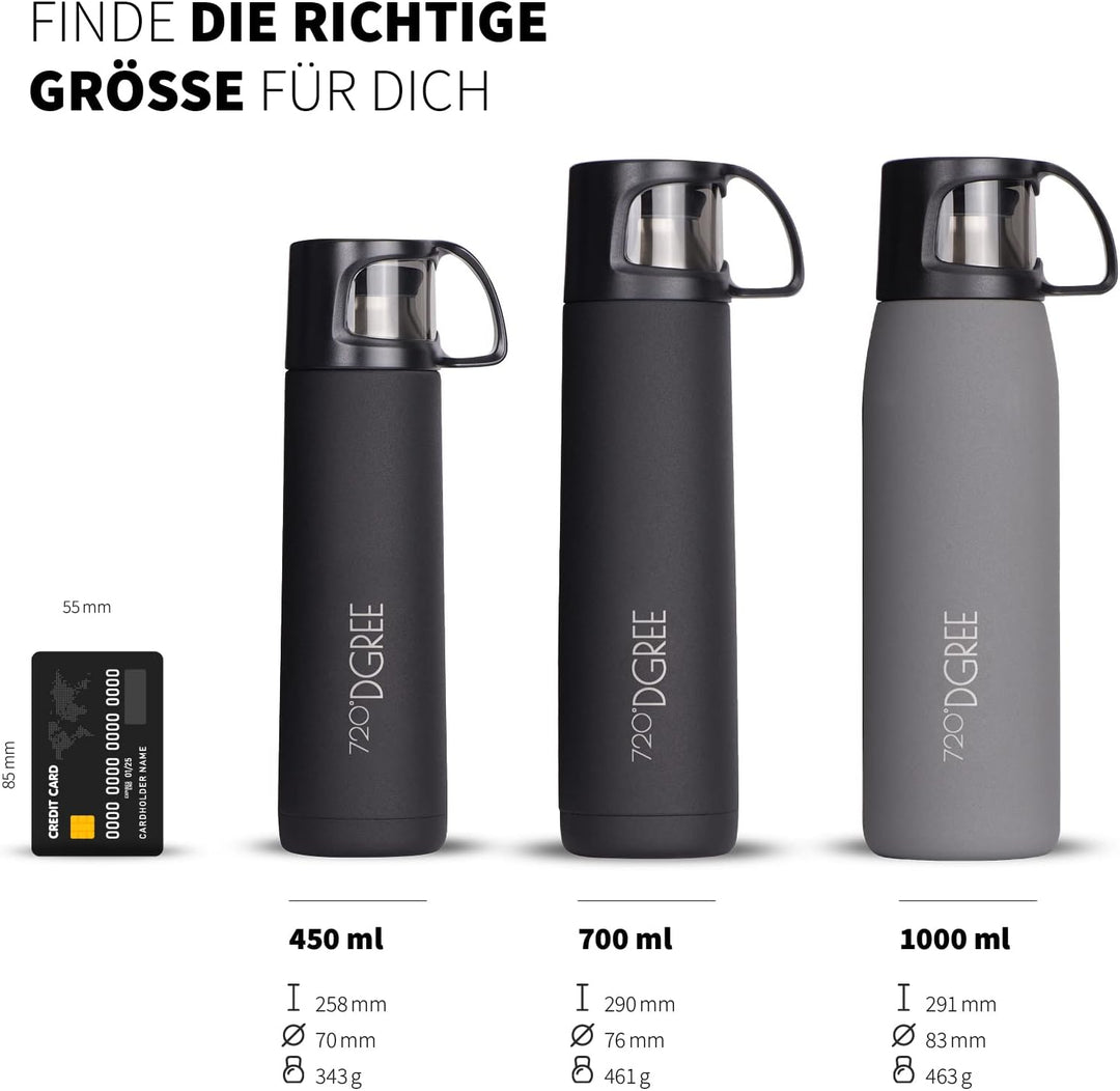 720°DGREE Thermoskanne mit Becher “Follow” - 450ml, 700ml, 1l - Auslaufsicher, BPA-Frei - Edelstahl