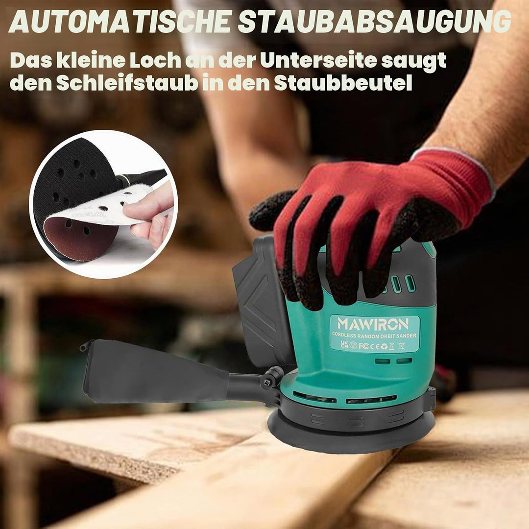 Akku Exzenterschleifer 125mm, Ersatz für Makita DBO180Z, Kabellose Elektroschleifer mit 2 x 3000mAh