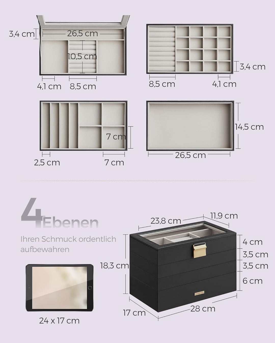 SONGMICS Schmuckkästchen 4 Ebenen, Schmucktablett stapelbar, Schmuckkasten gross, Schmuckbox mit Gla