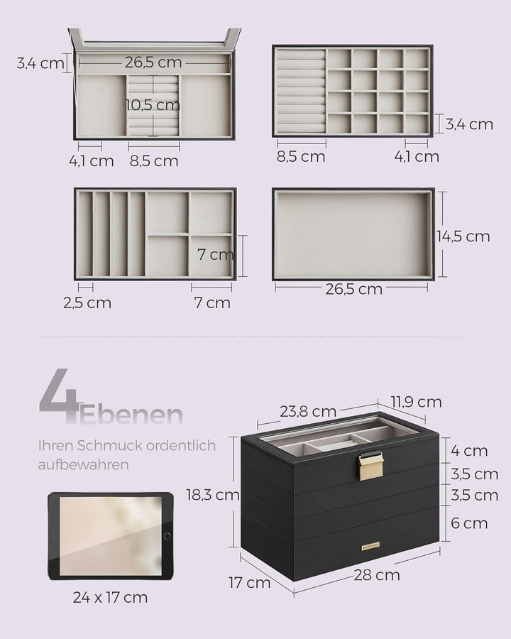 SONGMICS Schmuckkästchen 4 Ebenen, Schmucktablett stapelbar, Schmuckkasten gross, Schmuckbox mit Gla