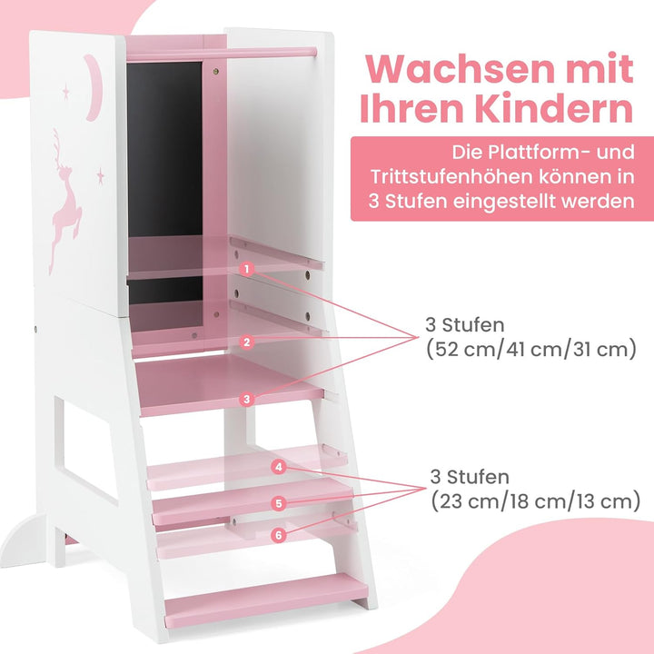 COSTWAY Lernturm kinder, 2 in 1 Tritthocker montessori mit 3 verstellbare Höhen & doppelseitiger Taf