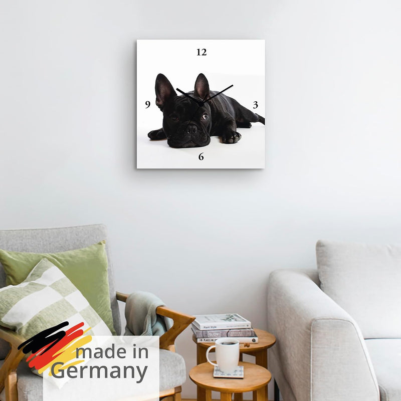 ARTLAND Wanduhr ohne Tickgeräusche Leinwand Funkuhr 30x30 cm Quadratisch Lautlos Hund Tiere Bulldogg