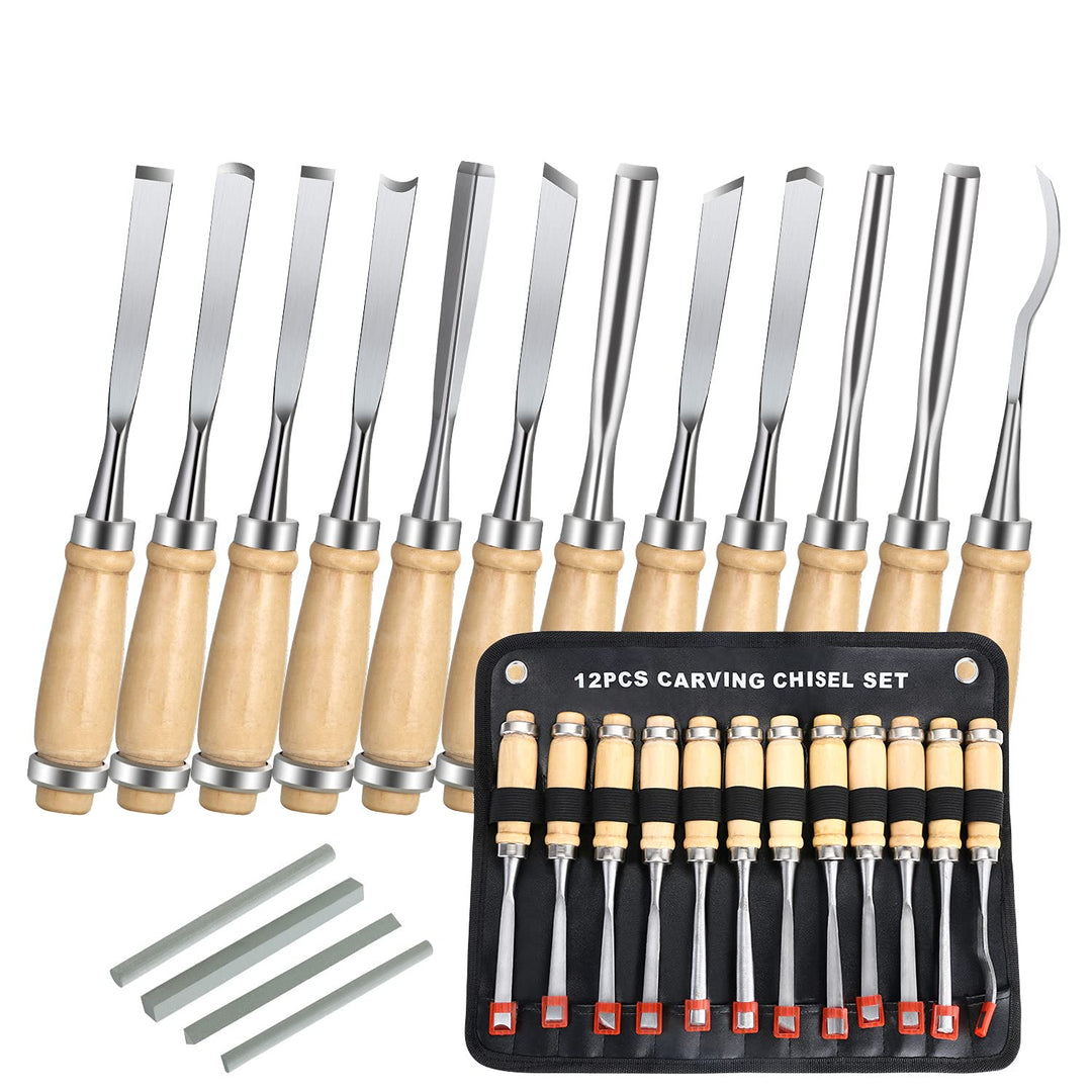 flintronic Stechbeitelsatz, 12-teilig Holzgriff & Werkzeyt, Holzmeisselset, Tranchiermesser Holzschn