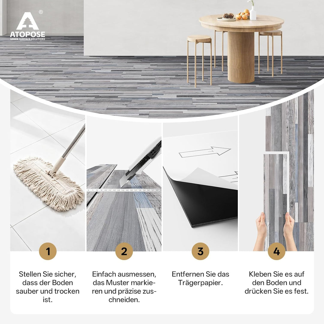 ATOPOSE Vinyl Bodenbelag Wasserfest Selbstklebend, Holzoptik 36 Dielen, Einfache DIY Verlegung für I