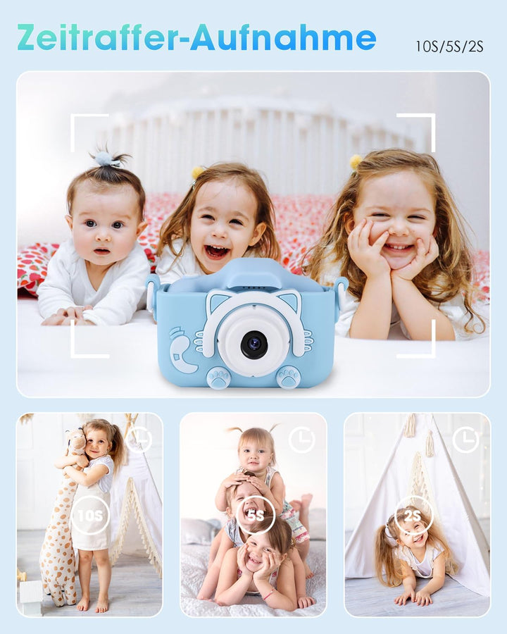 Kinderkamera für Mädchen Jungen, 3-12 Jahre, 2.0”Display Digitalkamera, Doppelobjektiv, 32GB SD-Kart